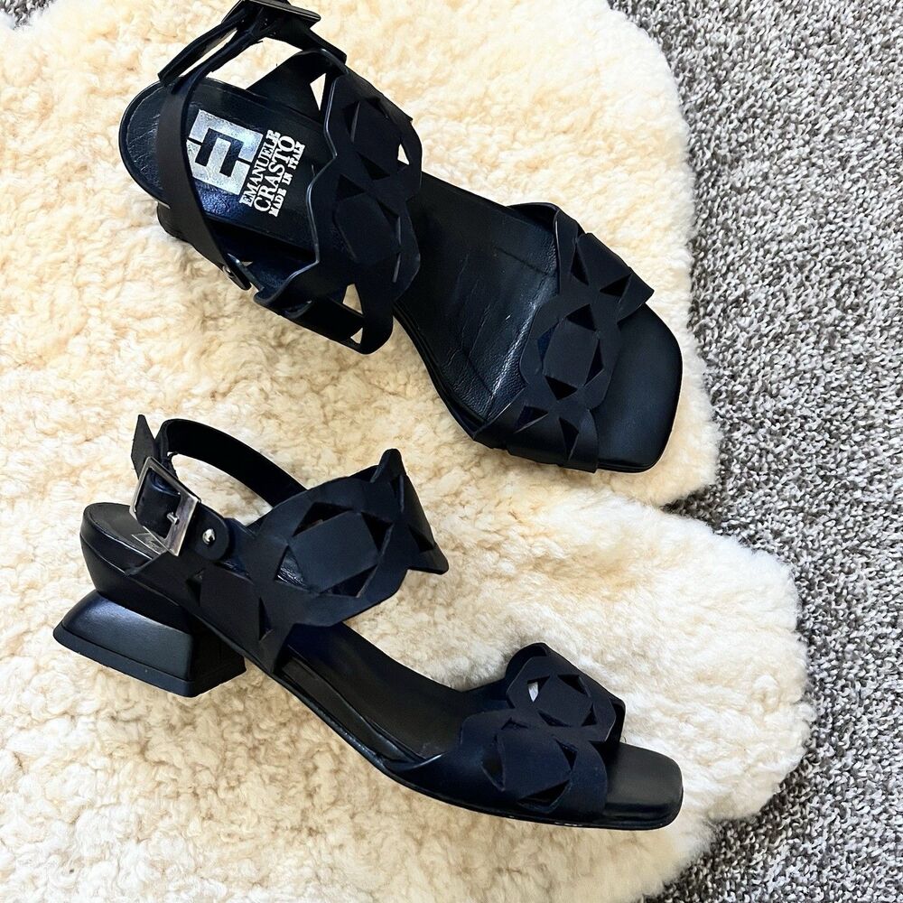 Emanuele Crasto White Black Leather Geometric Cutout Block Heel Sandals Italy 37